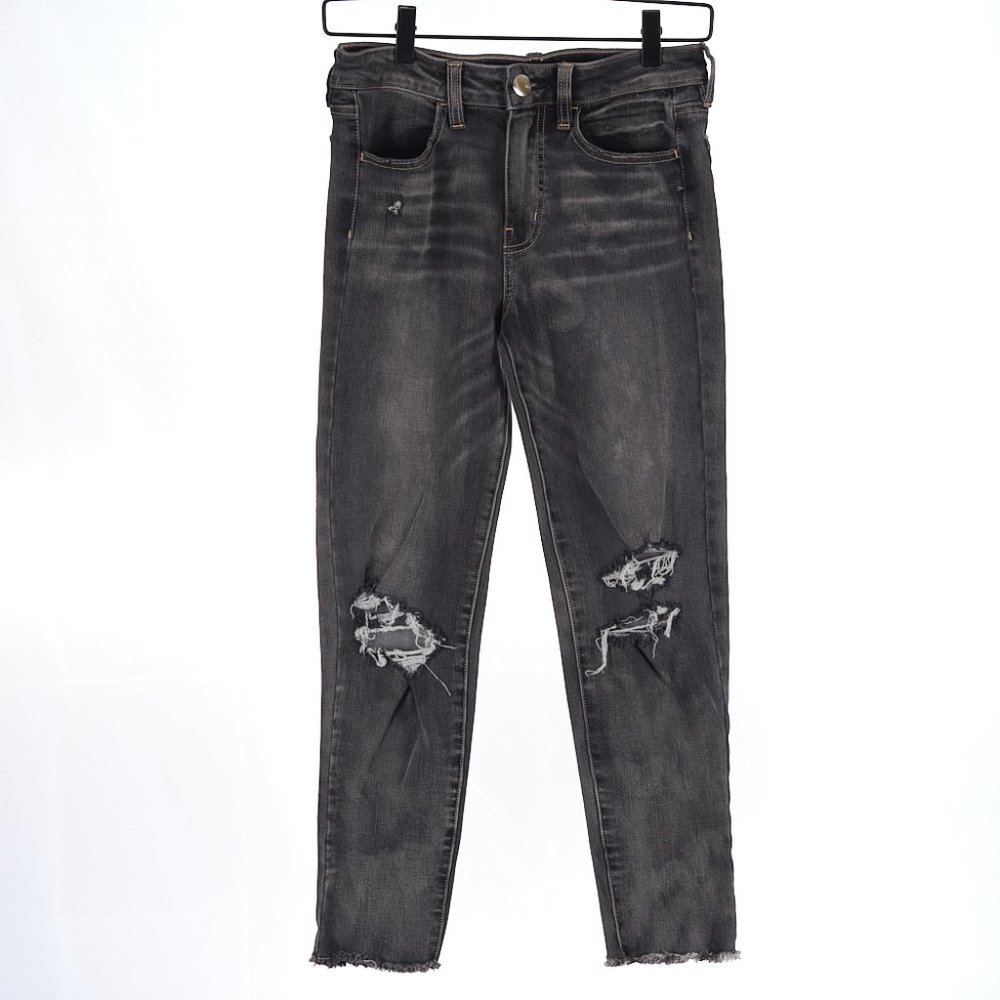American Eagle Black Hi-Rise Jegging Crop Distressed Jeans 4 - Picture 1 of 7